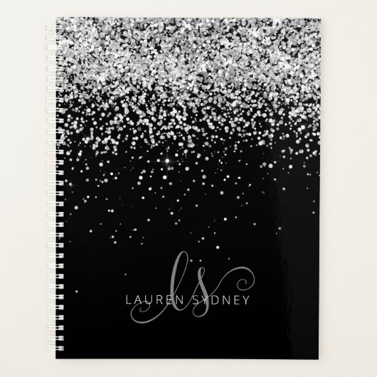 Glam Black Silver Glitter Monogram Naam Planner (Voorkant)