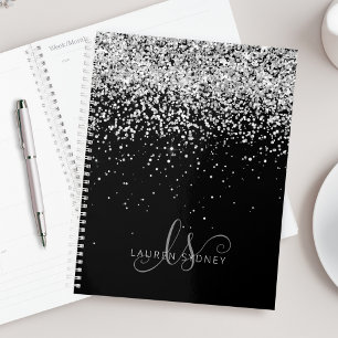 Glam Black Silver Glitter Monogram Naam Planner