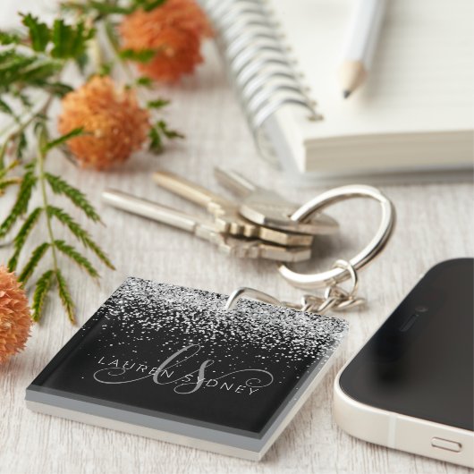 Glam Black Silver Glitter Monogram Naam Sleutelhanger (Voorkant Rechts)