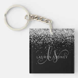Glam Black Silver Glitter Monogram Naam Sleutelhanger