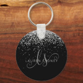 Glam Black Silver Glitter Monogram Naam Sleutelhanger (Voorkant)