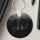 Glam Black Silver Glitter Monogram Naam Sleutelhanger