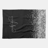 Glam Black Silver Glitter Monogram Naam Theedoek (Horizontaal)