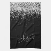 Glam Black Silver Glitter Monogram Naam Theedoek (Verticaal)