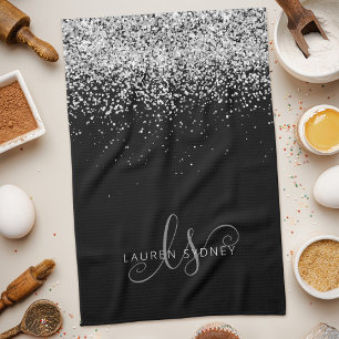 Glam Black Silver Glitter Monogram Naam Theedoek