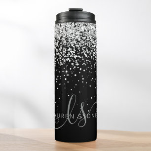 Glam Black Silver Glitter Monogram Naam Thermosbeker