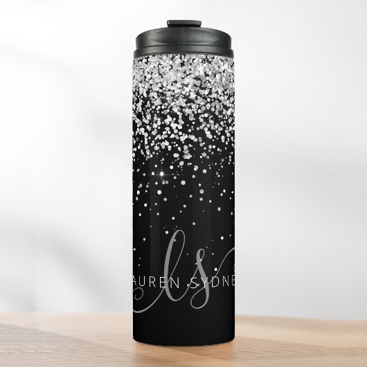 Glam Black Silver Glitter Monogram Naam Thermosbeker