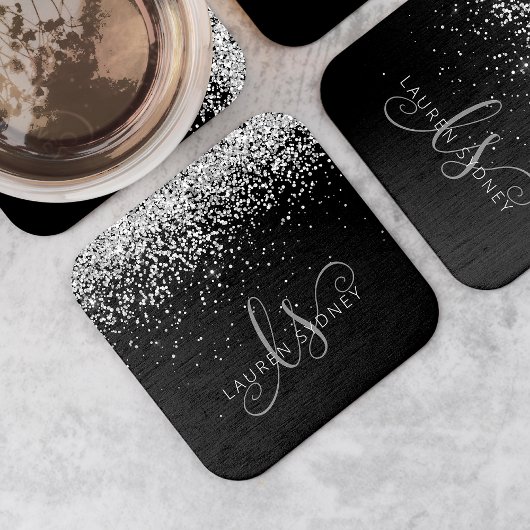 Glam Black Silver Glitter Monogram Naam Vierkante Kartonnen Onderzetter