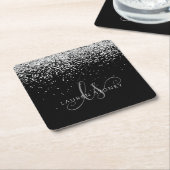 Glam Black Silver Glitter Monogram Naam Vierkante Kartonnen Onderzetter (Schuin)