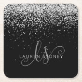 Glam Black Silver Glitter Monogram Naam Vierkante Kartonnen Onderzetter (Voorkant)