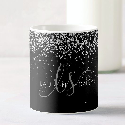 Glam Black Silver Glitter Monogram Name Coffee Mok