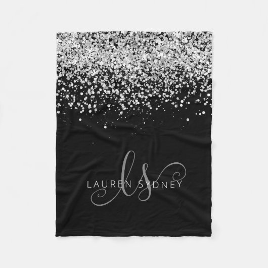 Glam Black Silver Glitter Monogram Name v Fleece Deken (Voorkant)