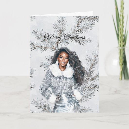 Glam Black Woman Silver Christmas Tree Branches Kaart (Voorkant)