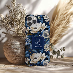 Glam Blauw en Ivoren Bloemen Ontwerper iPhone Hoes