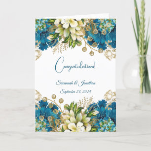 Glam Blauw Goud Bloemen Huwelijk Kaart