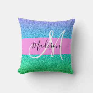 Glam Blauw Groen Glitter Glans Gradiënt Monogram Kussen