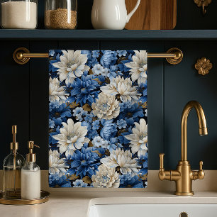 Glam Blauw Ivoor Bloem Luxe Keukendoek Theedoek