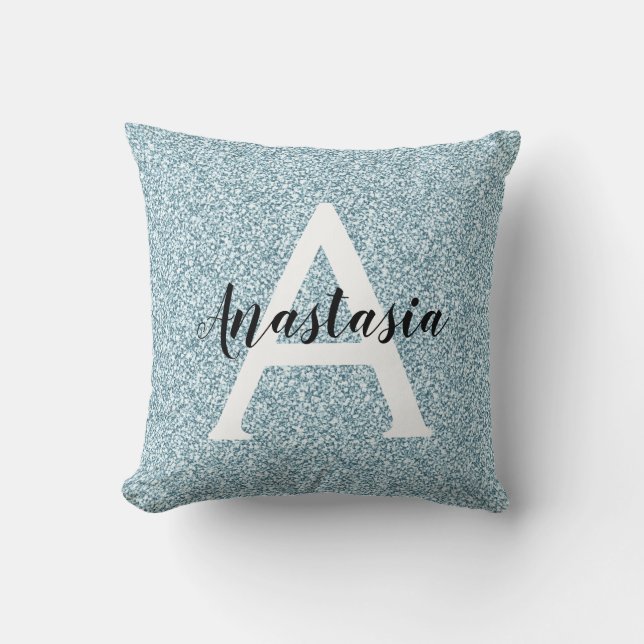 Glam Blauw Zilver Glitter Glans Monogram Naam Kussen (Voorkant)