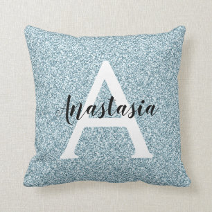 Glam Blauw Zilver Glitter Glans Monogram Naam Kussen