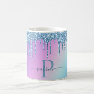 Glam Blauwe Glitter Druppels Elegante Monogram Koffiemok