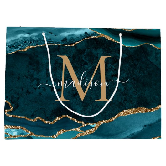 Glam Blauwgroen Groen Glitter Agate Geode Monogram Groot Cadeauzakje (Achterkant)