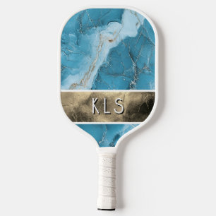 Glam Blauwgroen Marmer Gold Folie Monogram Pickleball Paddle