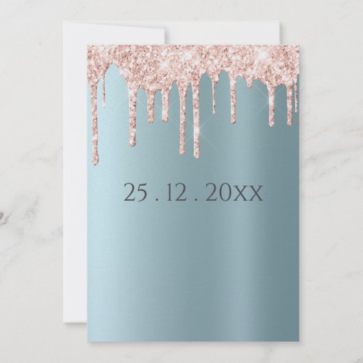 Glam blauwgroen roos goud glitter druppelt script  kaart (Achterkant)