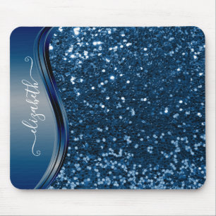 Glam Bling Personalized Glitter Calligraphy Blue Muismat