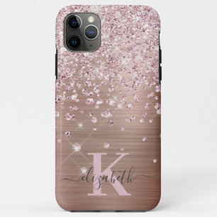 Glam Bling Roos Gold Diamond Confetti Monogrammen iPhone 11 Pro Max Hoesje