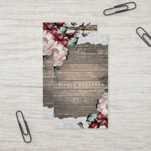 Glam bloemrijke rustieke houten & kanten elegante visitekaartje