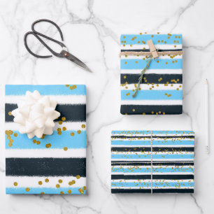 Glam Blue Black Gold Glitter Stripe Sparkle Inpakpapier Vel