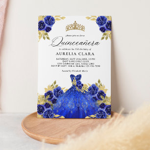 Glam Blue Dress Bloemen Waterverf 15e Quinceañera Kaart