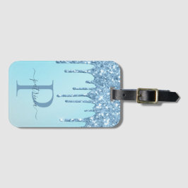 Glam Blue Glitter Drift Elegant Monogram Bagage Bagagelabel