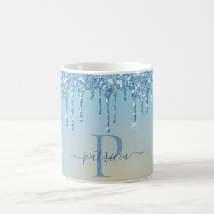 Glam Blue Glitter Drift Elegant Monogram Koffiemok