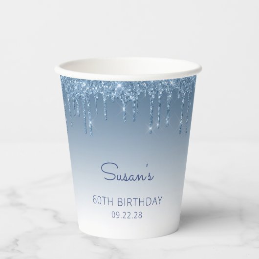 Glam Blue Glitter Drip 60th Birthday Party Papieren Bekers (Voorkant)