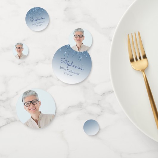 Glam Blue Glitter Drip Foto 50e verjaardag Confetti (Groep)