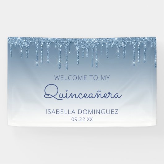 Glam Blue Glitter Drip Quinceañera Spandoek (Horizontaal)
