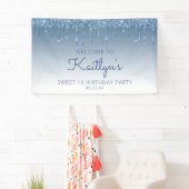 Glam Blue Glitter Drip Sweet 16 Party Spandoek (Insitu)