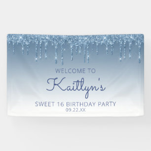 Glam Blue Glitter Drip Sweet 16 Party Spandoek