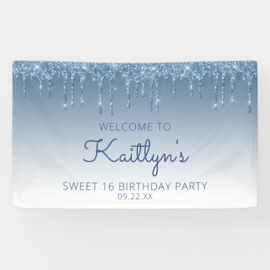 Glam Blue Glitter Drip Sweet 16 Party Spandoek (Horizontaal)