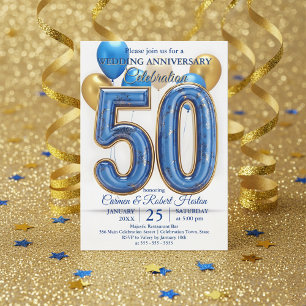 Glam Blue Gold Ballonnen 50ste Huwelijksverjaardag Kaart