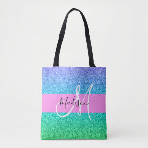 Glam Blue Green Glitter Sparkle Gradient Monogram Draagtas