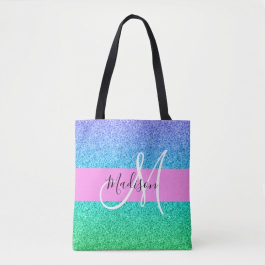 Glam Blue Green Glitter Sparkle Gradient Monogram Draagtas (Voorkant)