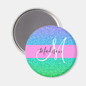 Glam Blue Green Glitter Sparkle Gradient Monogram Magneet (Voorkant / Achterkant)