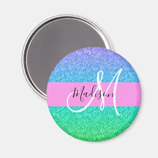 Glam Blue Green Glitter Sparkle Gradient Monogram Magneet (Voorkant / Achterkant)
