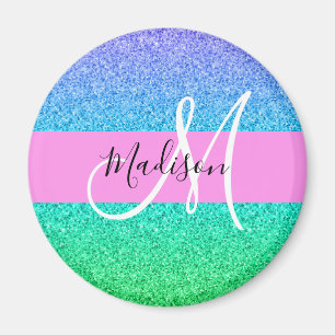 Glam Blue Green Glitter Sparkle Gradient Monogram Magneet