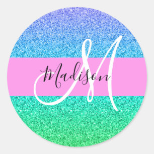 Glam Blue Green Glitter Sparkle Gradient Monogram Ronde Sticker