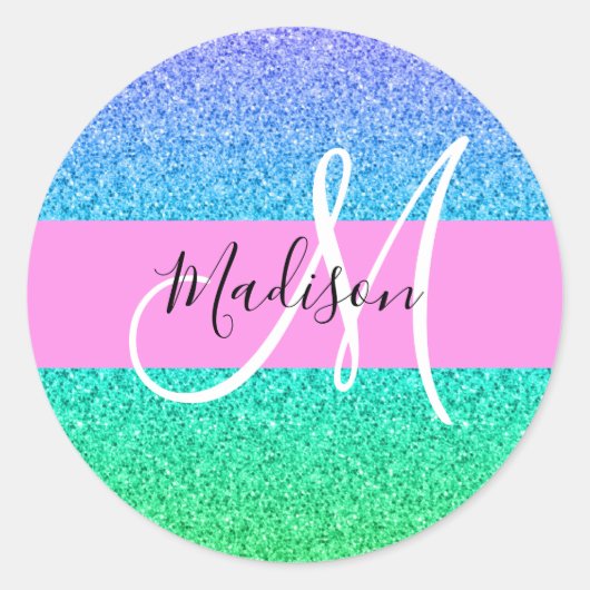 Glam Blue Green Glitter Sparkle Gradient Monogram Ronde Sticker (Voorkant)