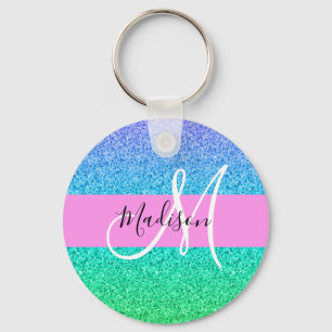 Glam Blue Green Glitter Sparkle Gradient Monogram Sleutelhanger