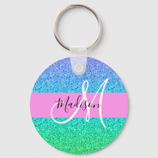 Glam Blue Green Glitter Sparkle Gradient Monogram Sleutelhanger (Voorkant)